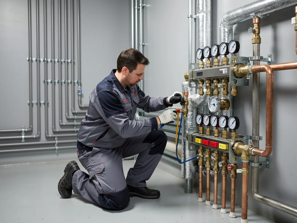 Technicien raccordant un système hybride au circuit de chauffage